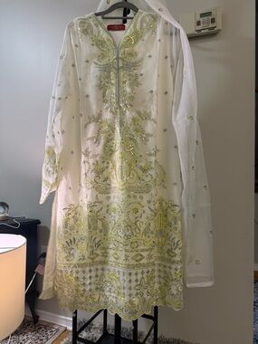 Embellished Cream & Light Green Women's Dress